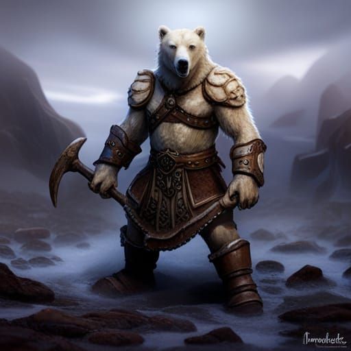Humanoid Polar Bear Leading Barbarian Army on Tundra