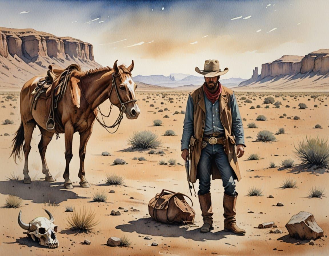 Cowboy Rides Through Desert Landscape