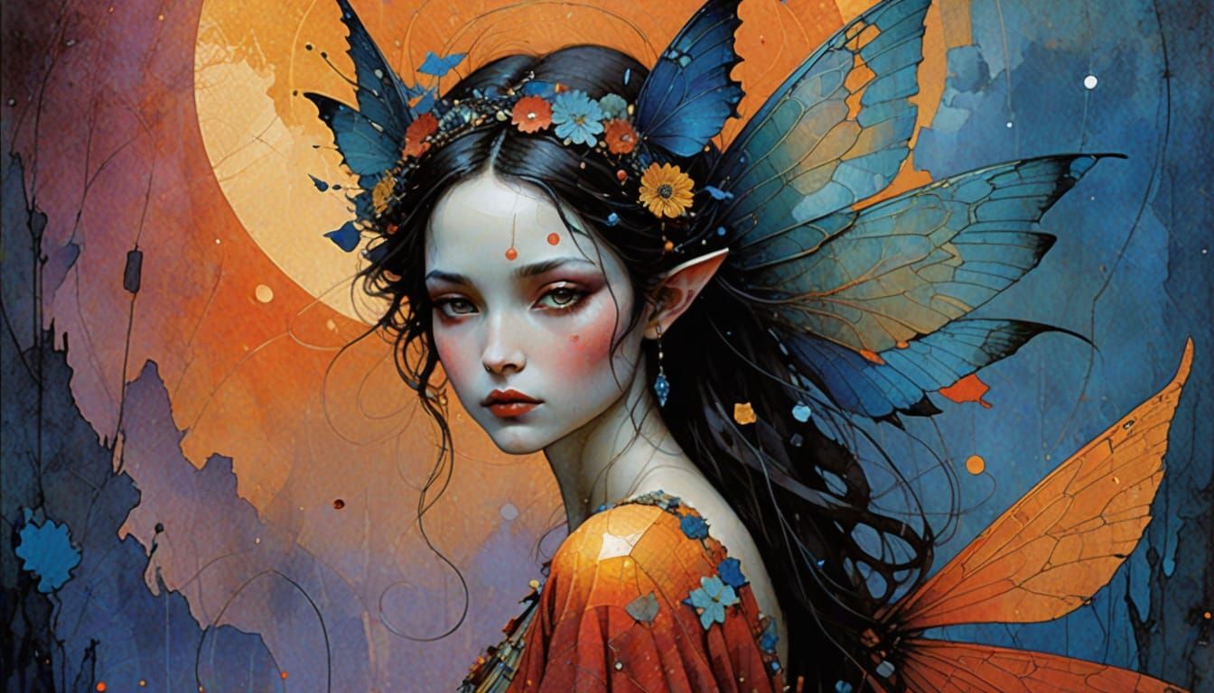 Enchanting Fairy in Vibrant Sunset Hues, Mixed Media Art