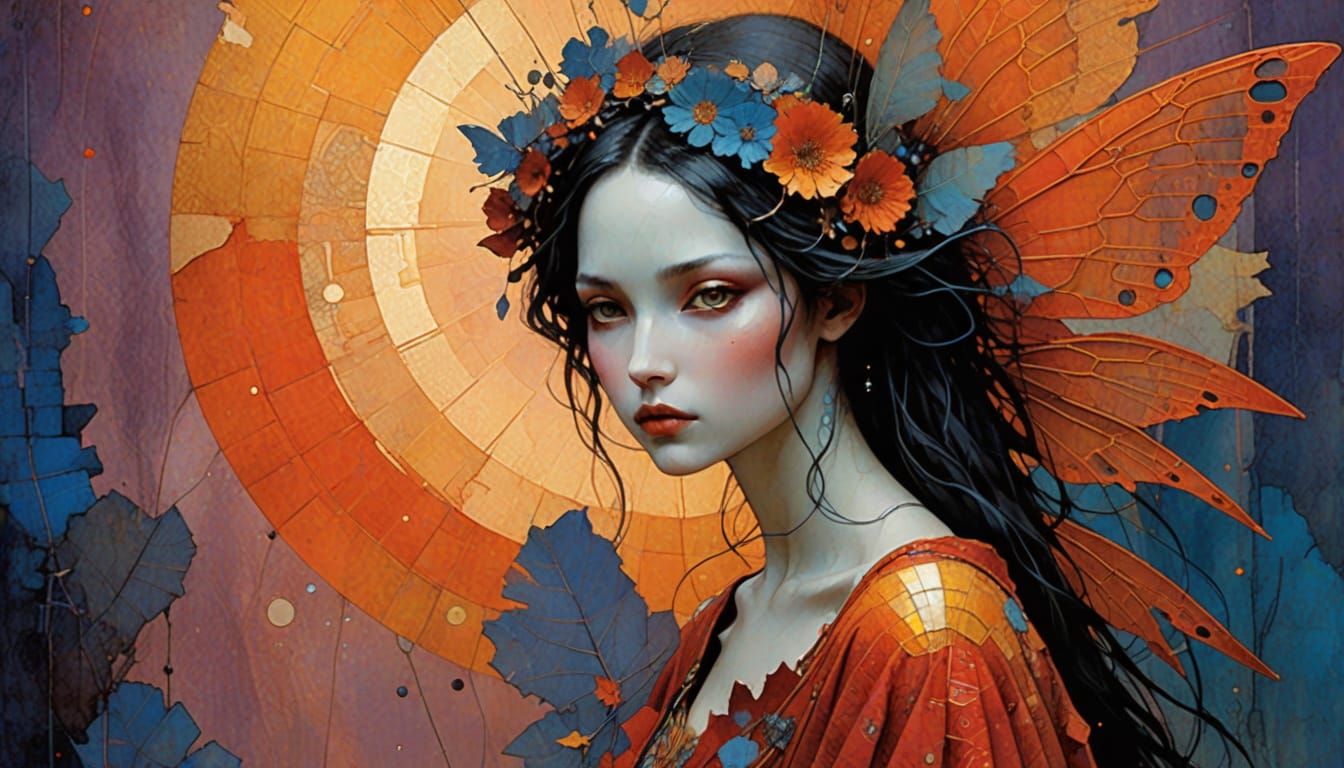 Enchanting Sunset Fairy in Whimsical Mixed Media Style