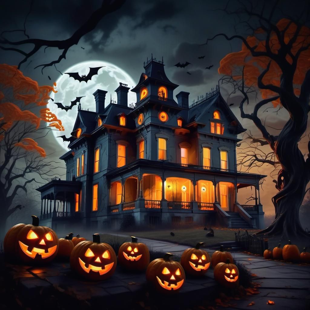 Spooky Haunted Mansion with Glowing Pumpkins