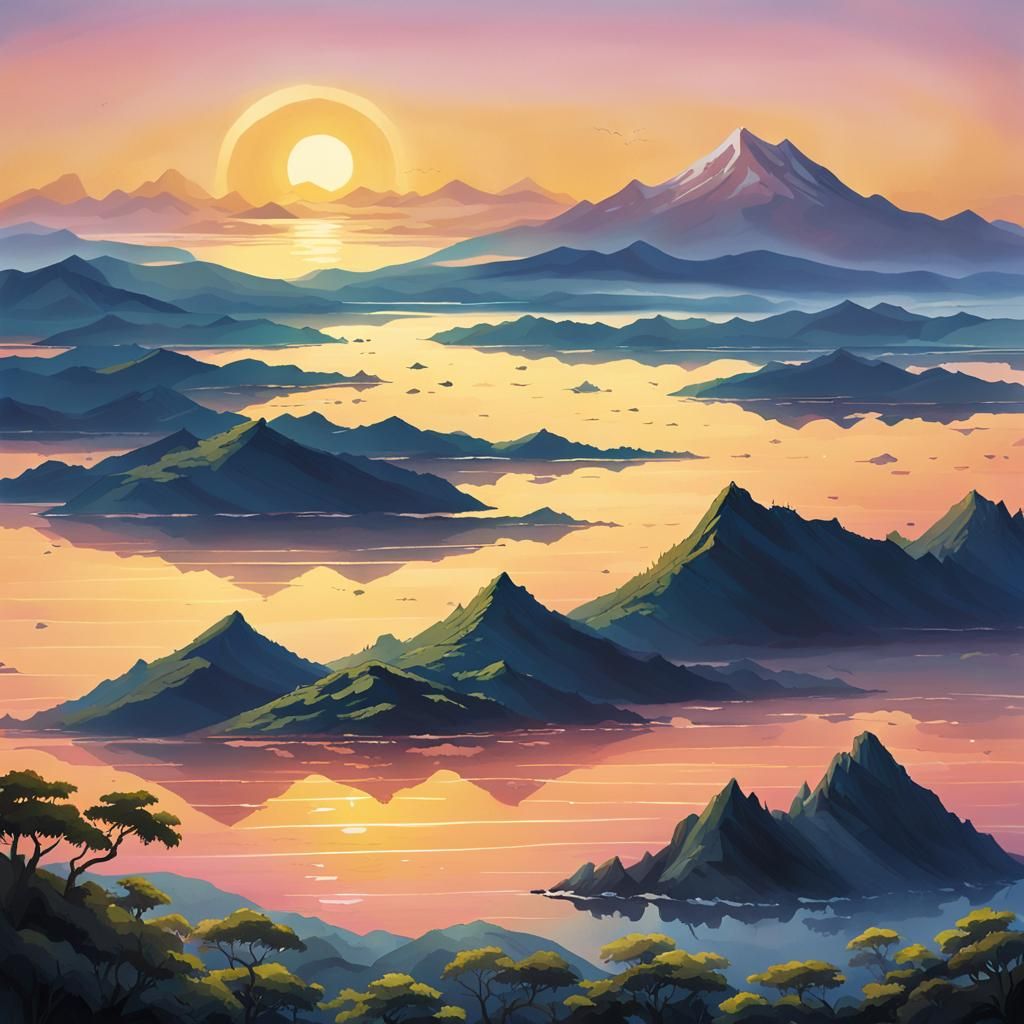 Sunrise Over Ocean Islands in Abstract Style