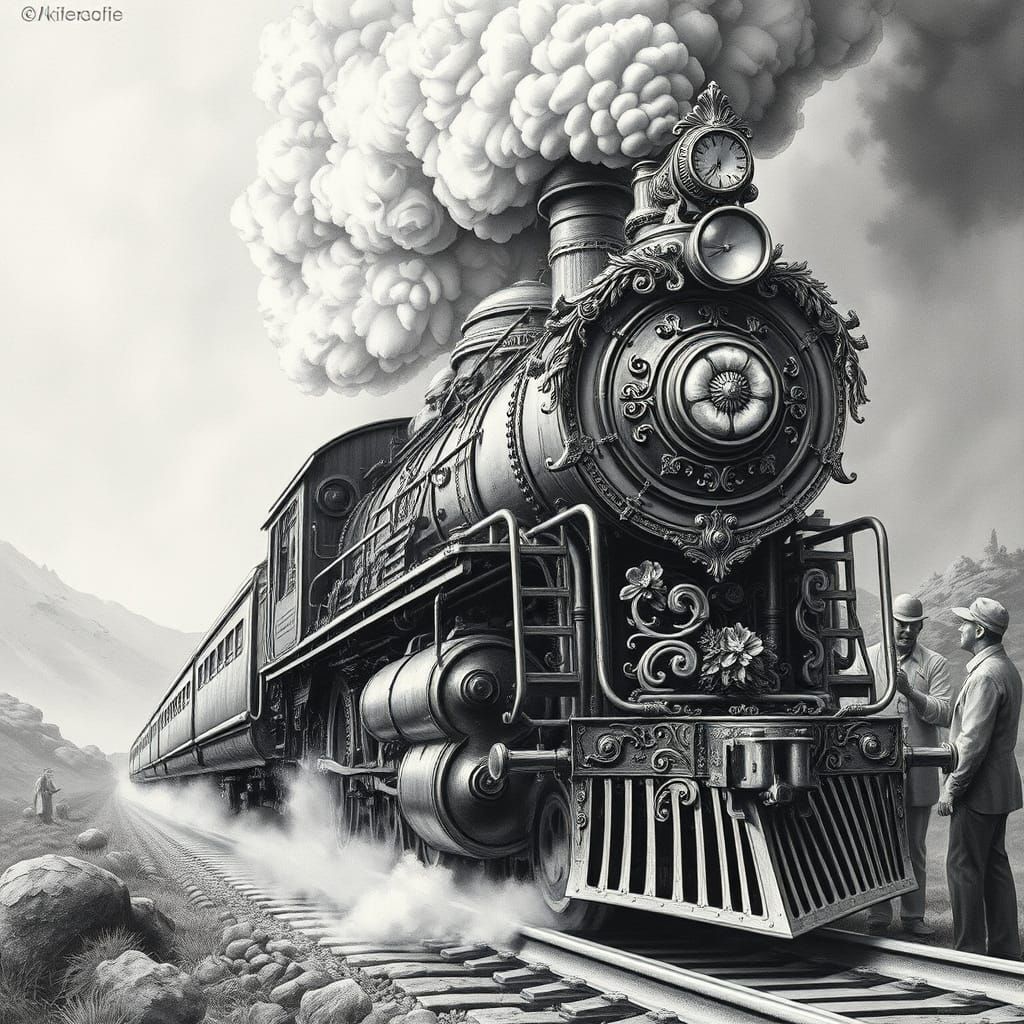 Baroque Steam Locomotive with Floral Motifs in Dreamlike Lan...