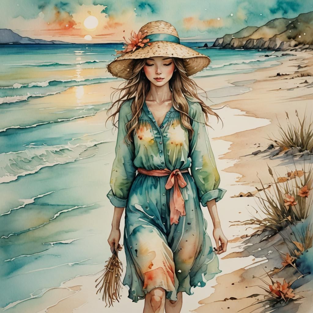 Girl on Beach in Watercolor and Alcohol Ink Style