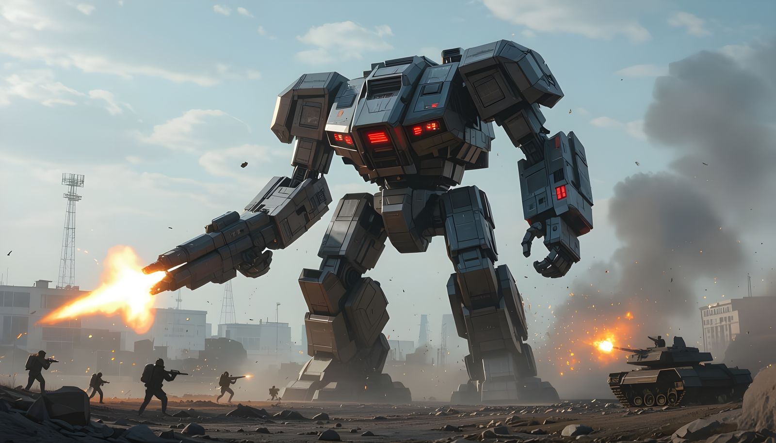 Giant Battlemech Dominates Chaotic Battlefield