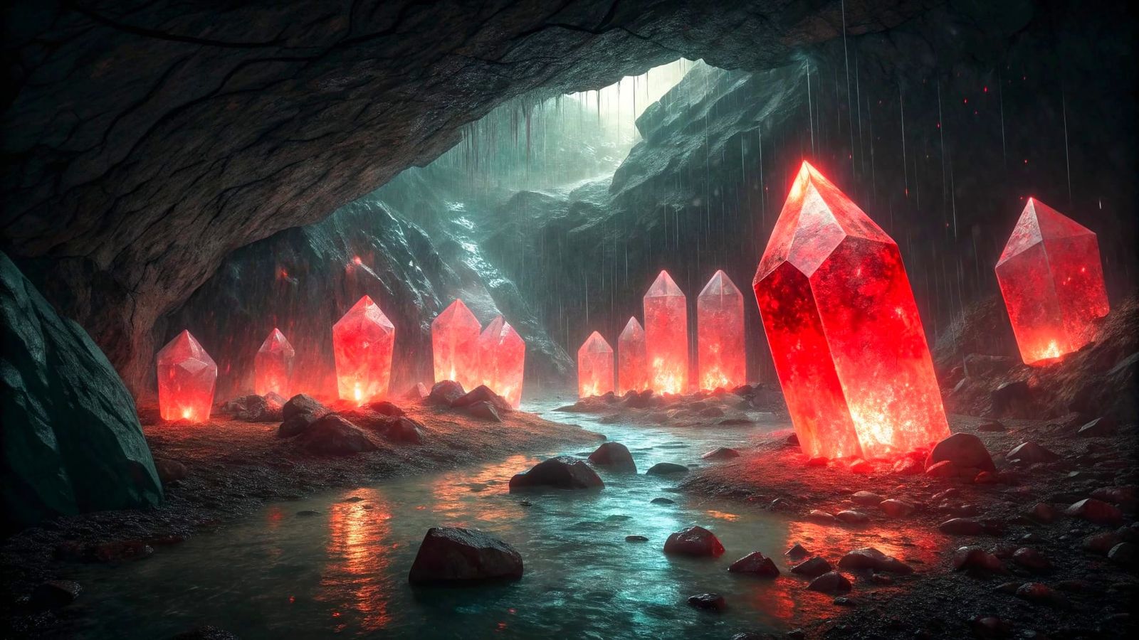 Glowing Red Crystals in Dark Damp Cave