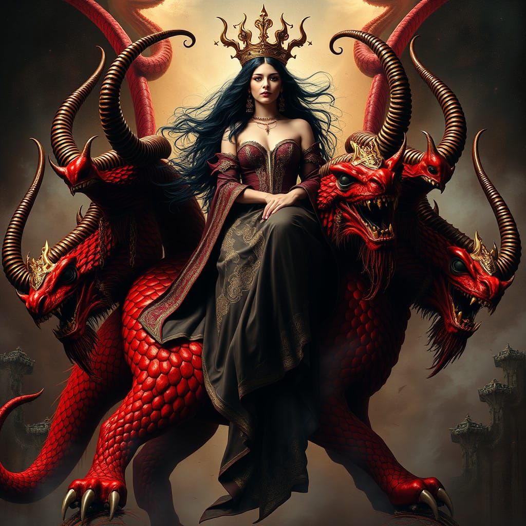 Regal Woman Seated Upon Scarlet-Coloured Beast in Dark, Myst...