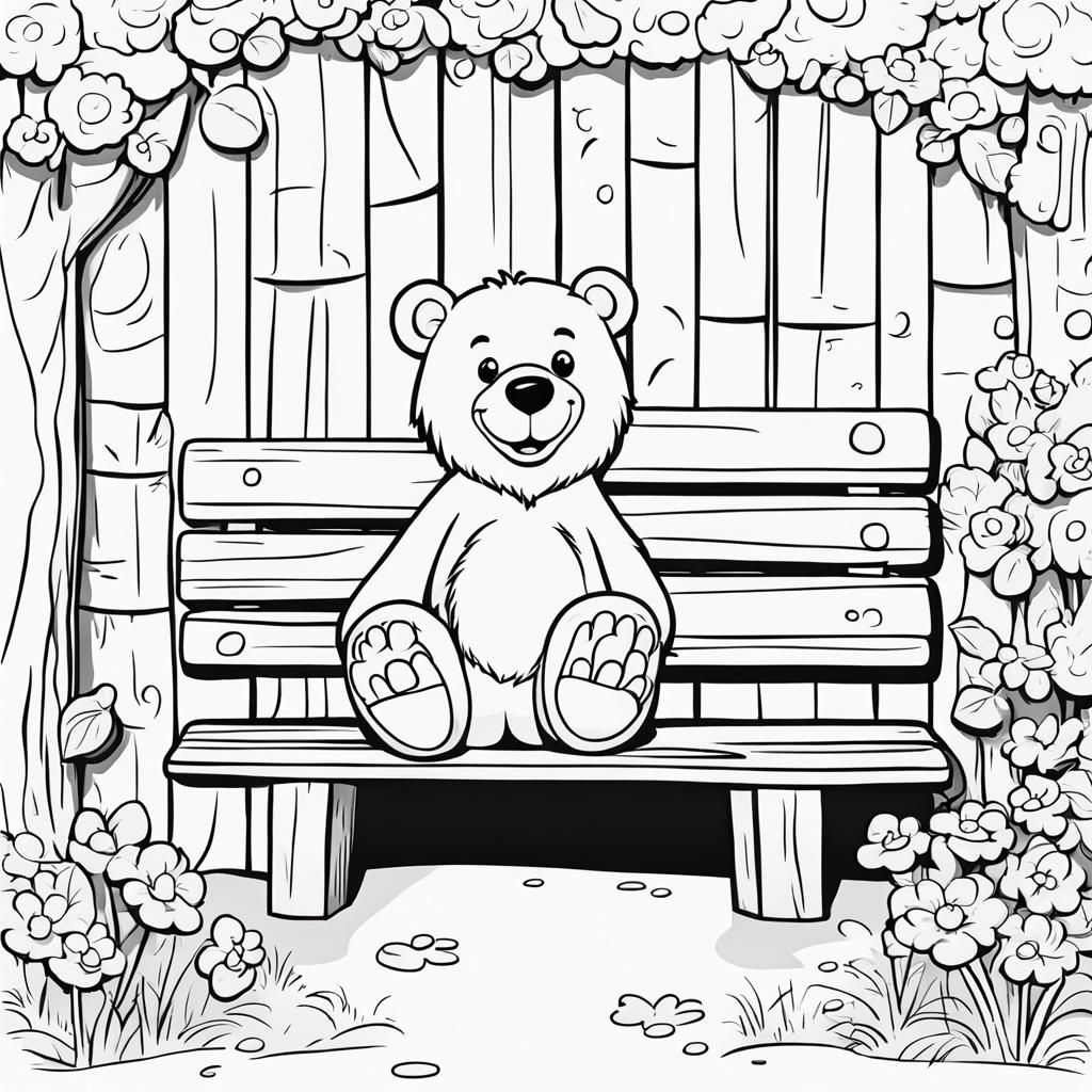 Cartoon Bear Under Bench: Outline Drawing
