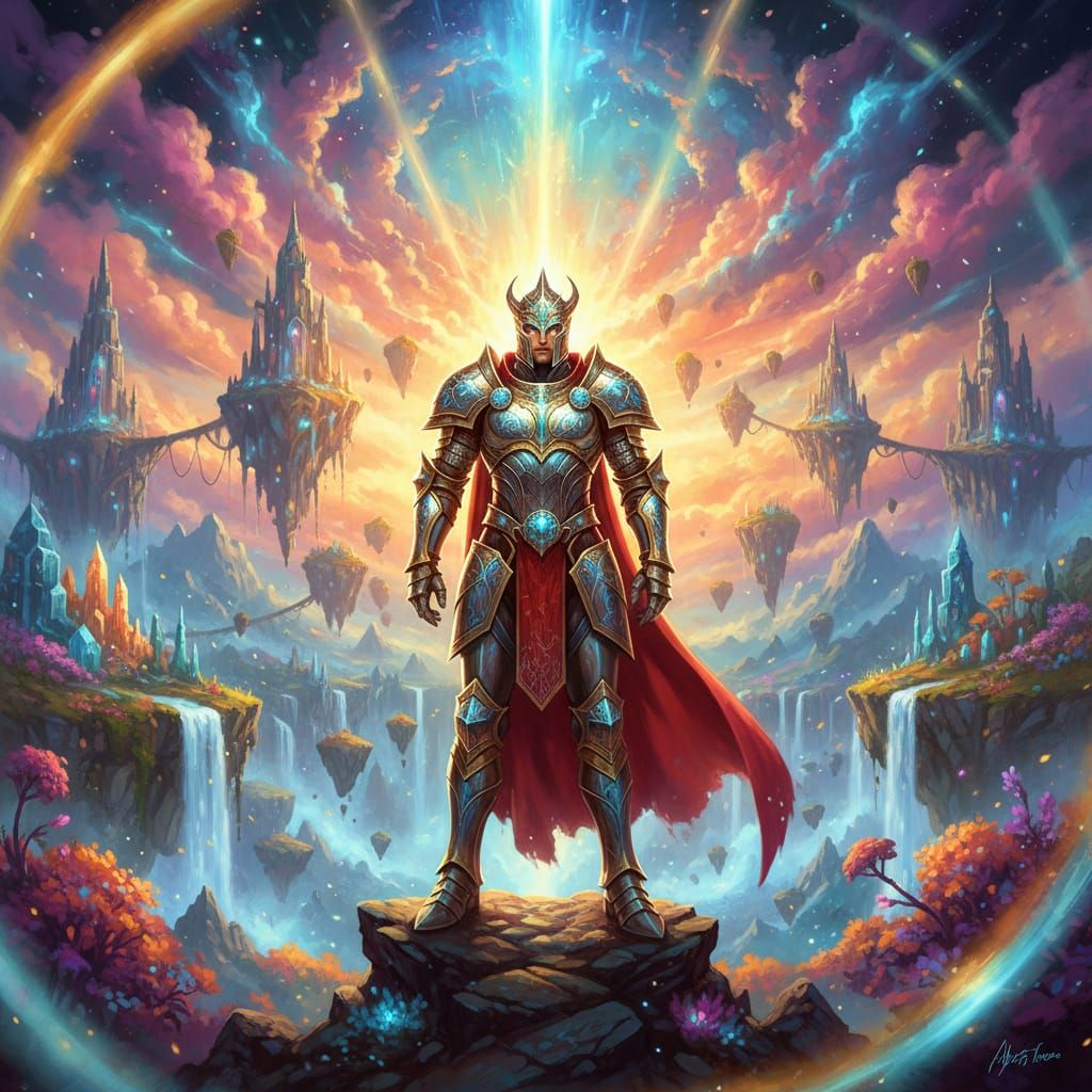 Divine Warrior in Vibrant Landscape, Hyper-Realistic Matte P...