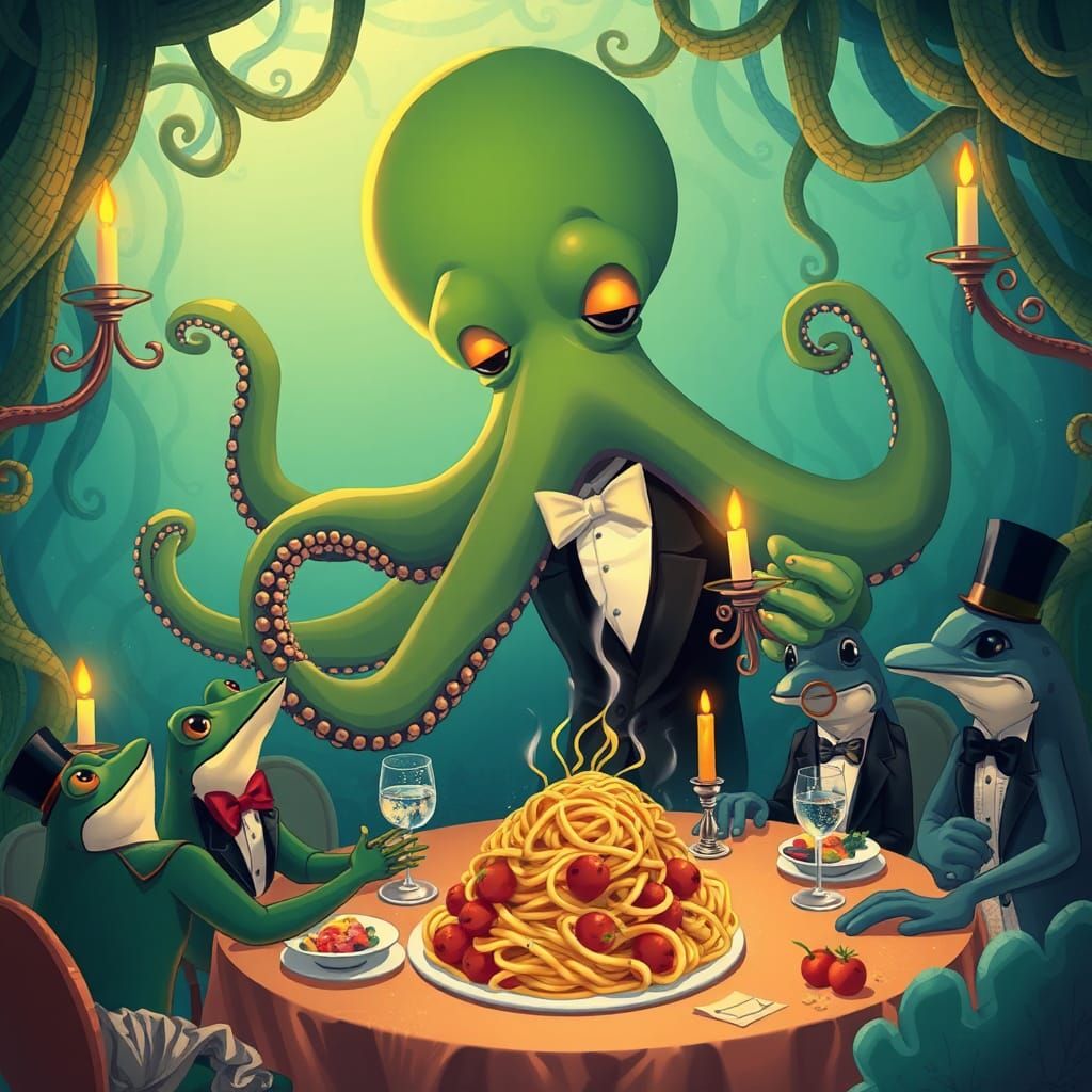 Octopus Hosts Underwater Dinner Party in Cartoon Style