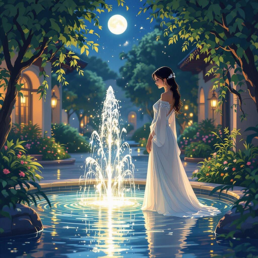 Luminous Fountain Scene in Art Nouveau Style