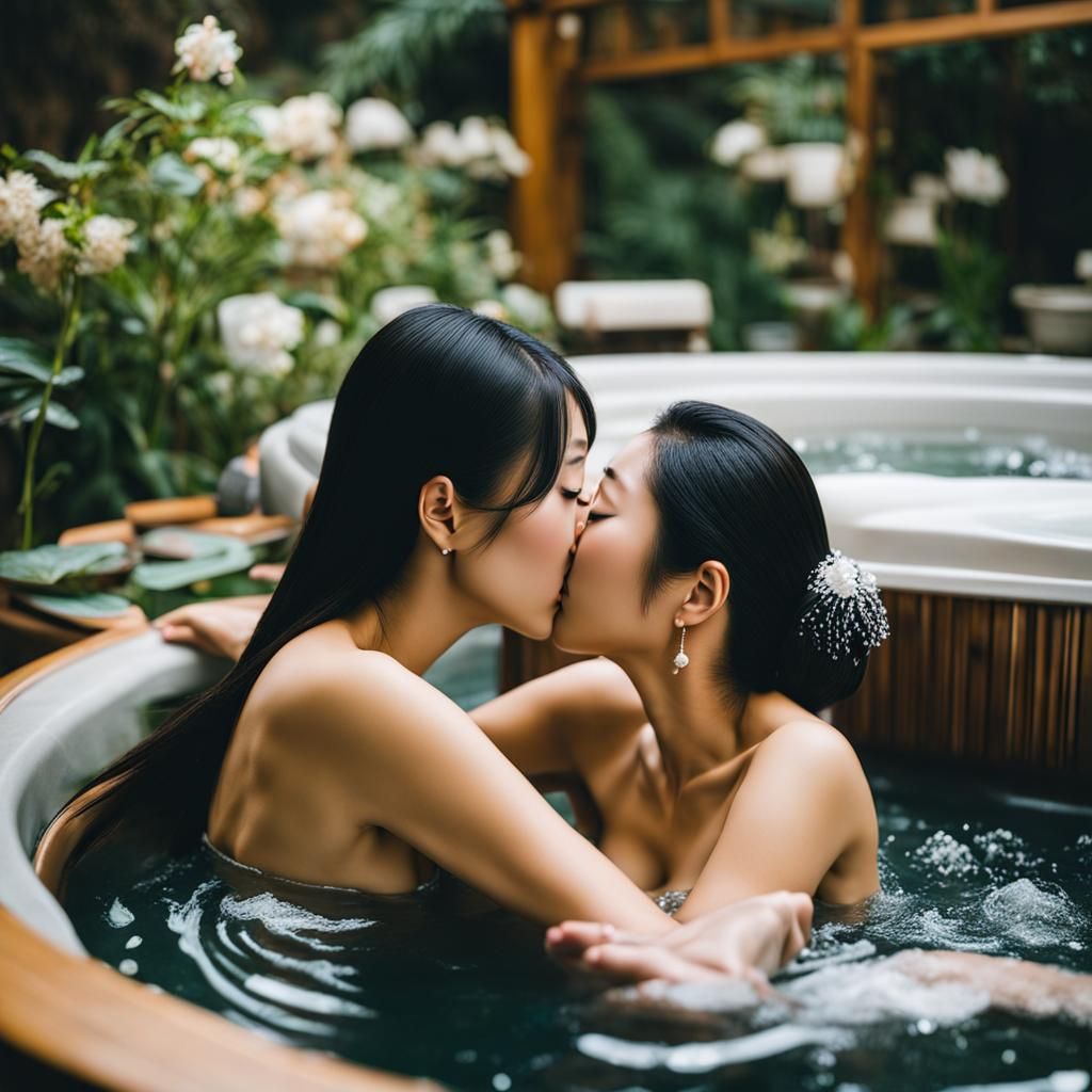 Two Asian Women Kissing in a Hot Tub