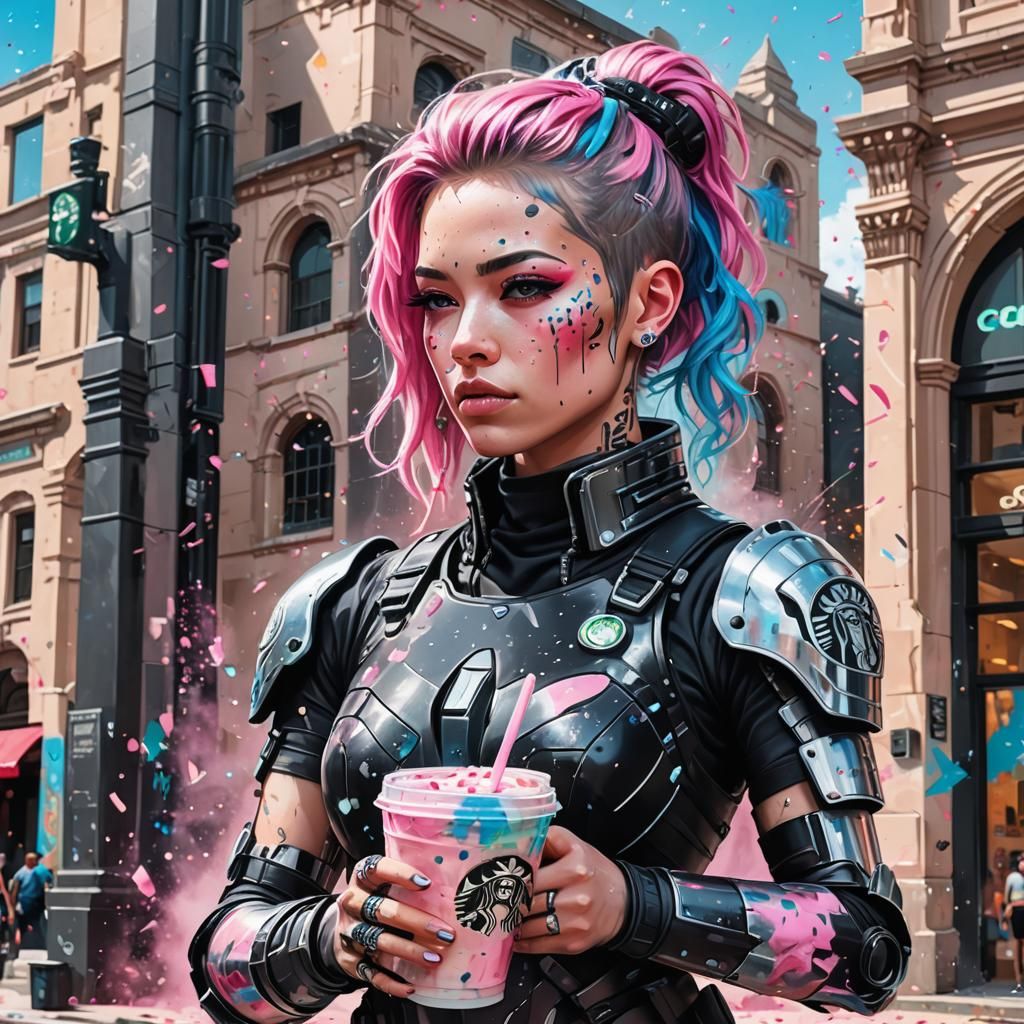 Cyborg Punk Girl with Starbucks in Graffiti Style
