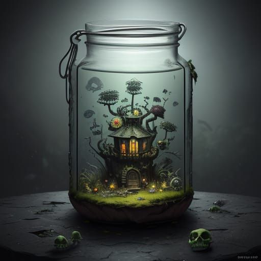 Creepy Miniature Garden in Cracked Jar, Digital Art
