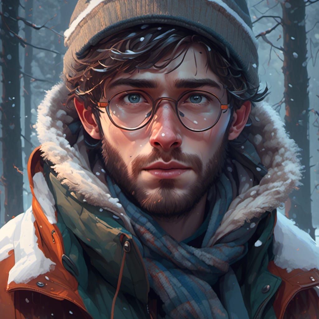 Nerdy Guy in Snowstorm: Digital Art Portrait