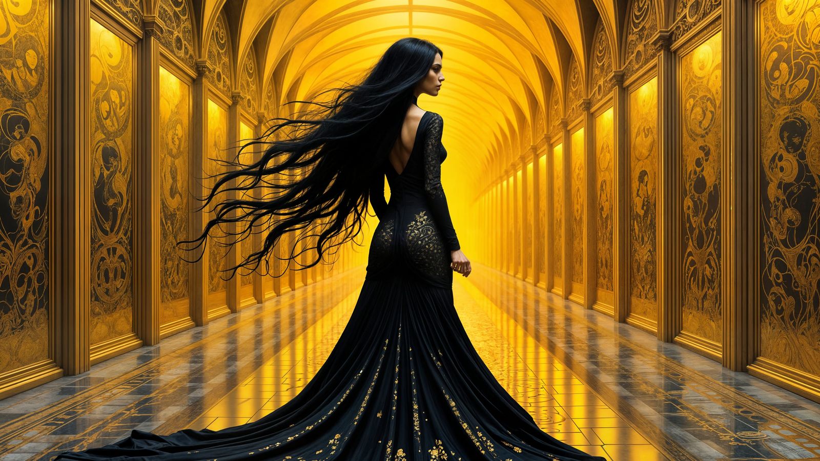 Elegant Lady in Golden Hallway in Klimt Style