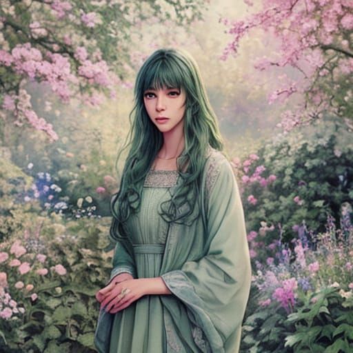 Impressionist Garden Scene: Woman in Sage Green