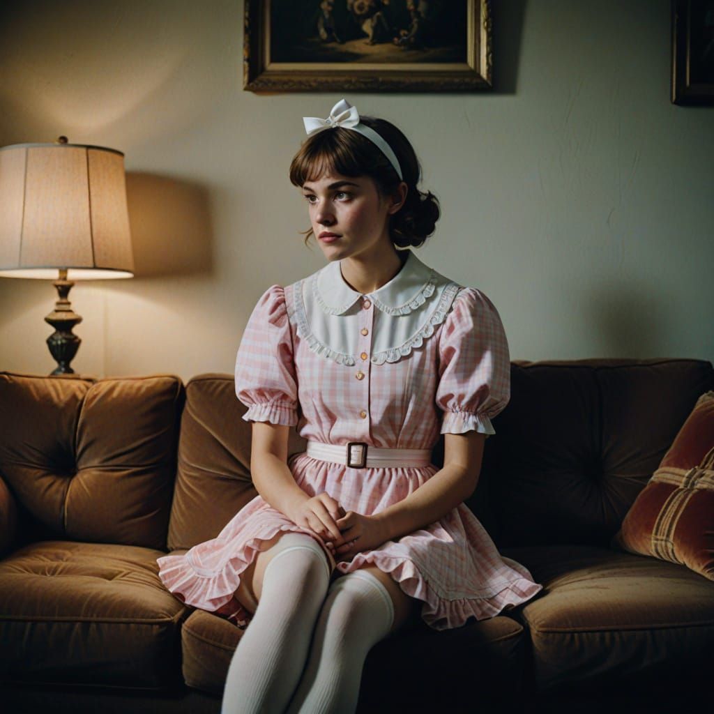 Muscular Tomboy Woman in Frilly Minidress on Couch