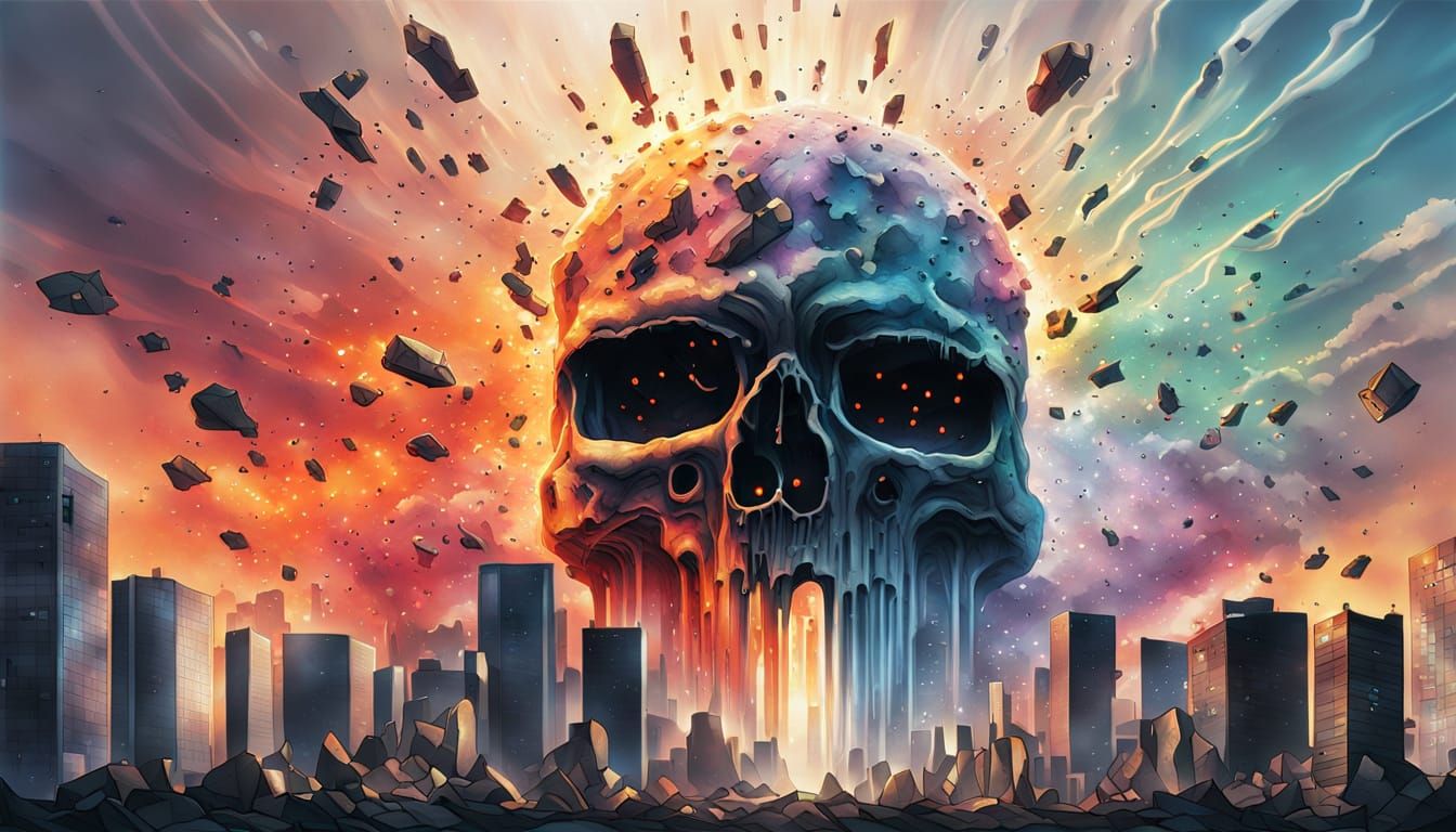 Skull Atomic Explosion Melts Skyscrapers: Hyperrealistic Spl...