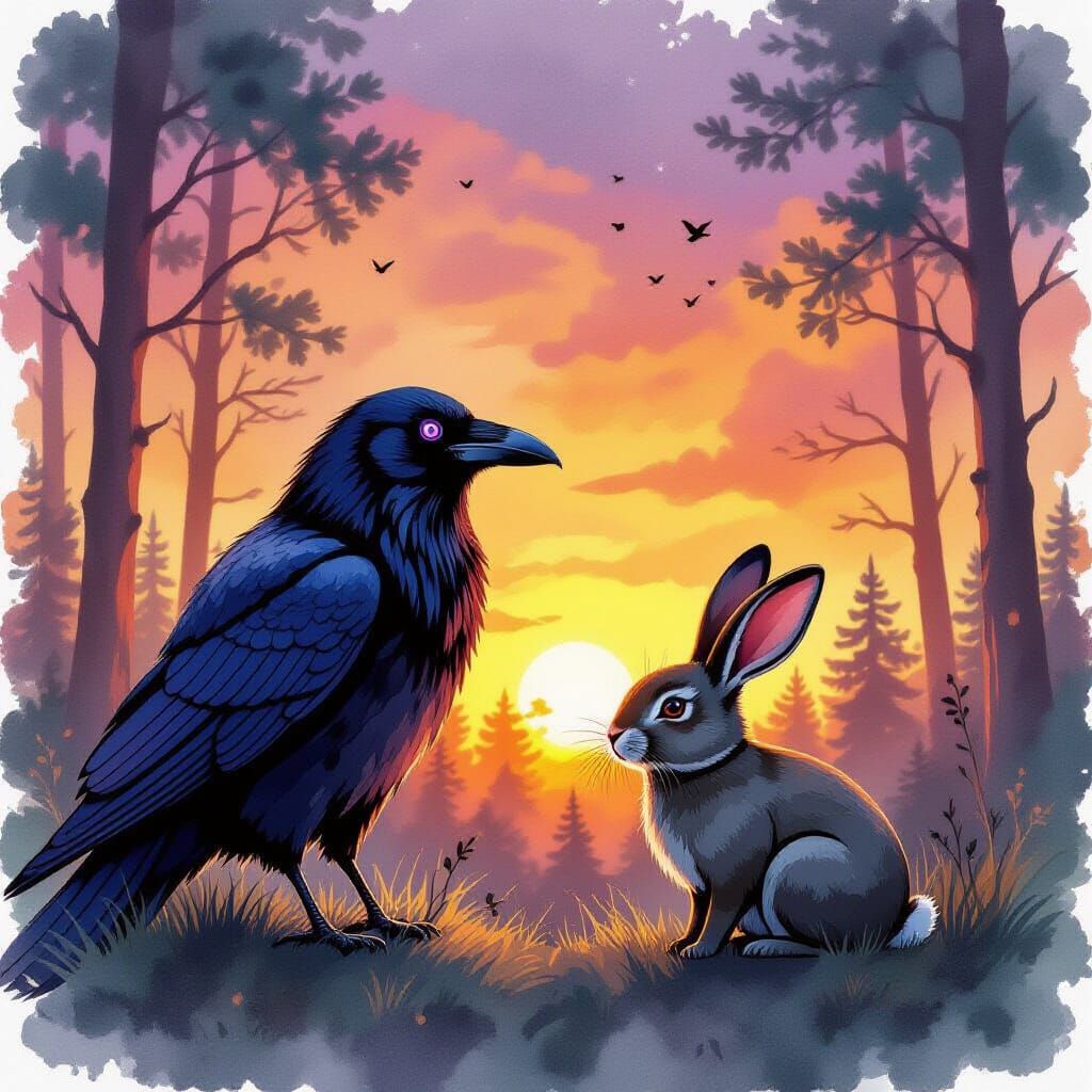 Raven Watches Sunset with Rabbit in Watercolor Ink Style