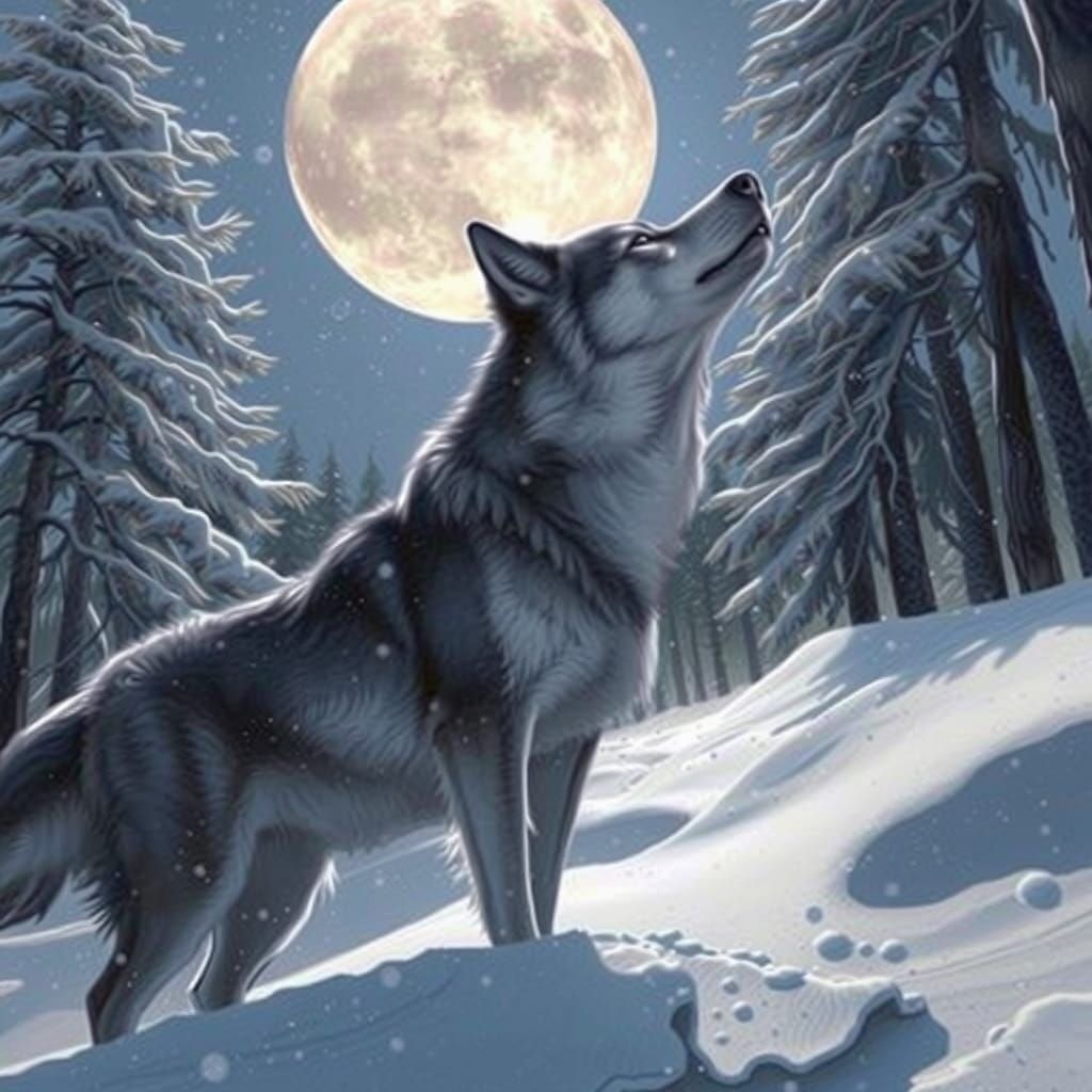 Magnificent Wolf Howling at Full Moon in Snowy Forest