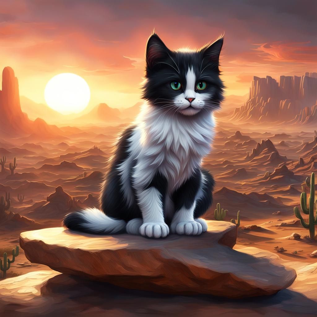 Grumpy Kitten at Desert Sunset: Monochrome Fantasy