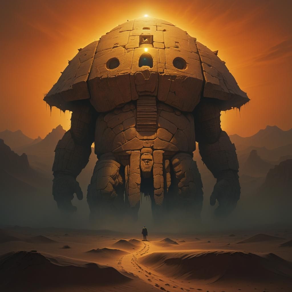 Desert Golem in Beksiński-Style Temple Art