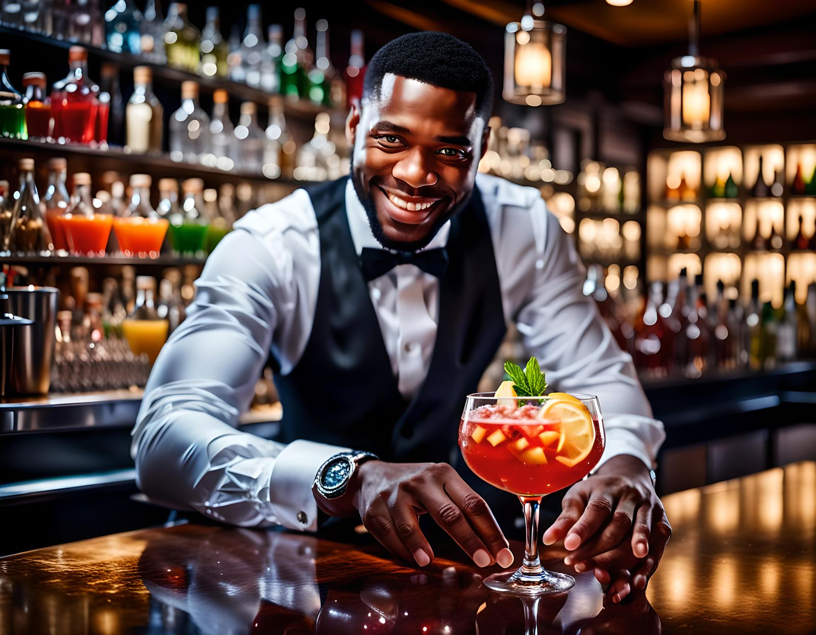 Elegant Bartender Serves Realistic Cocktail, Hyperrealistic ...