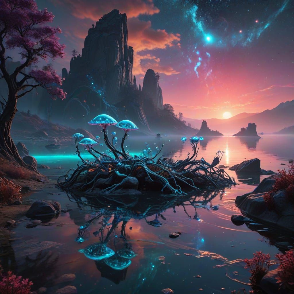 Surreal Galaxy Scene with Dual Suns and Alien Landscape