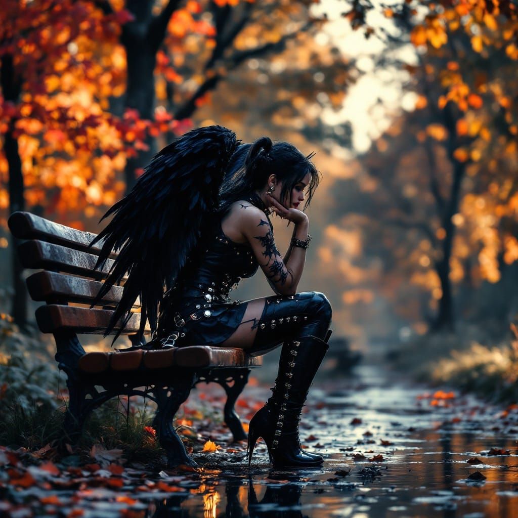 Angel with Black Wings in Autumnal Setting