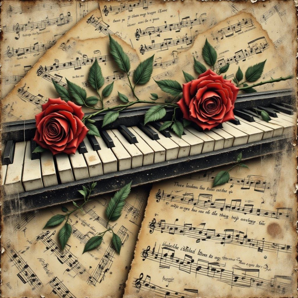 Vintage Sheet Music & Rose on Piano - Hand-Drawn Sketch