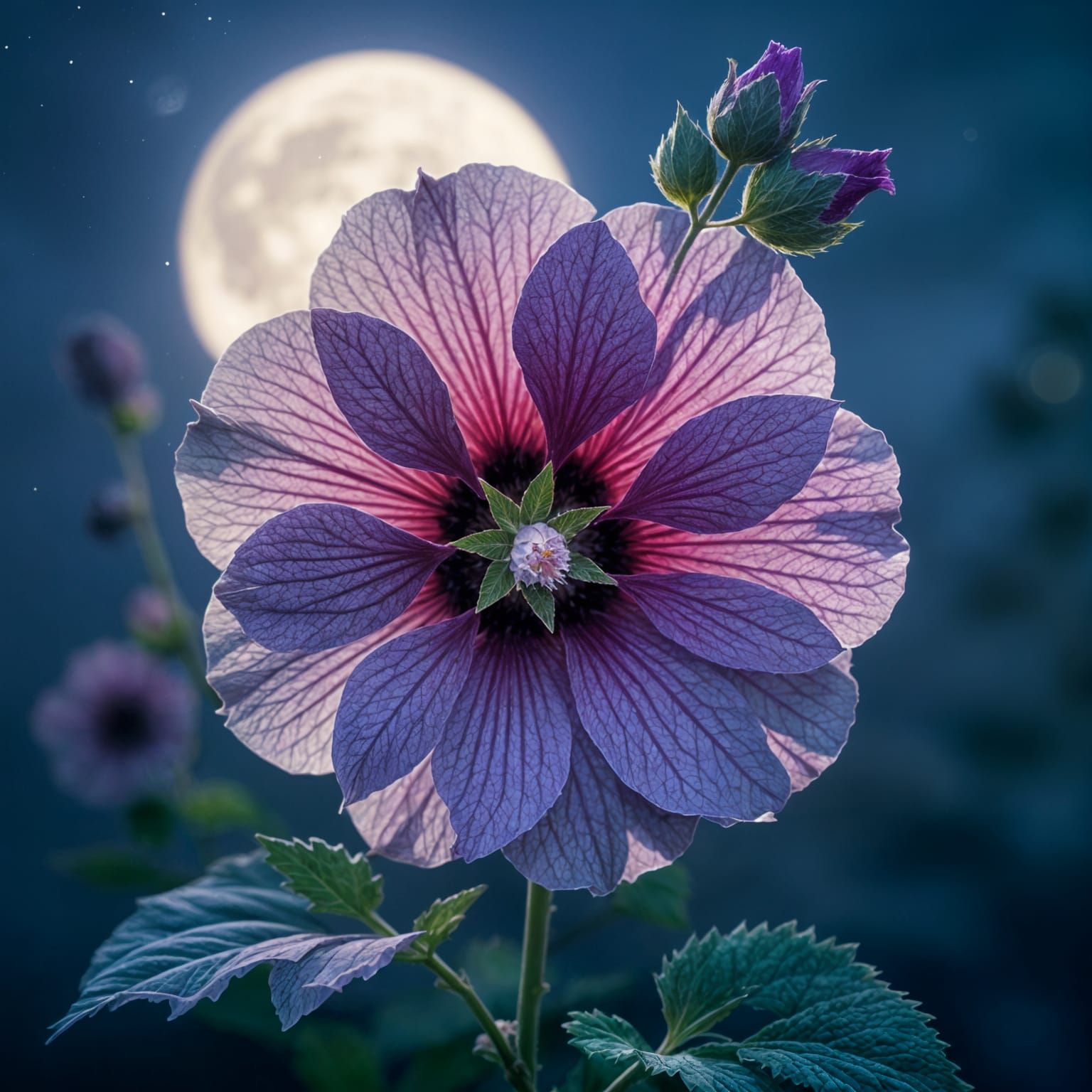 Moonlit Dark Purple Hollyhock Flower