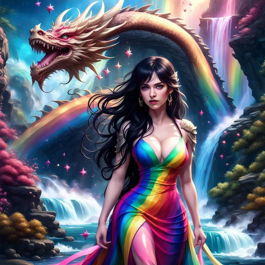 Girl, Dragon, Waterfall, and Rainbow Stars