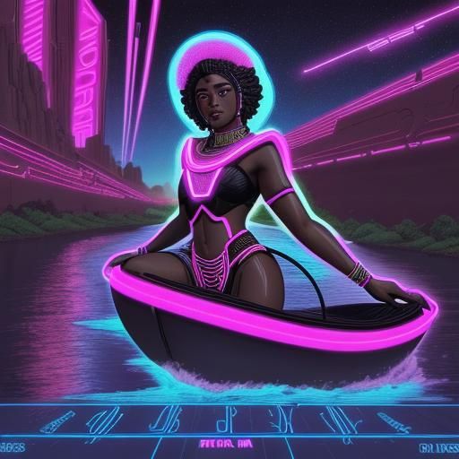Black Tribes Crossing River in Synthwave Style