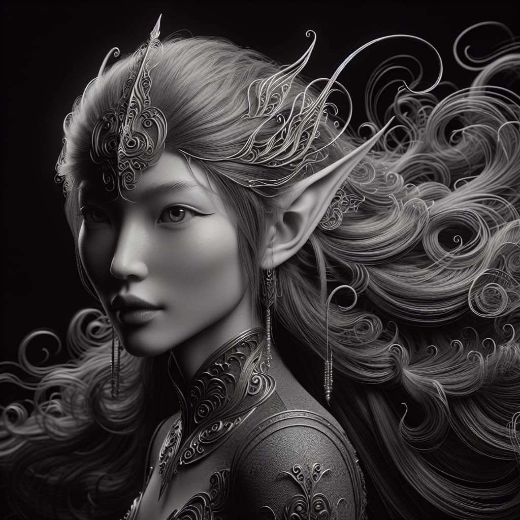 Intricate Black and White Portrait of a Mongol Fairy