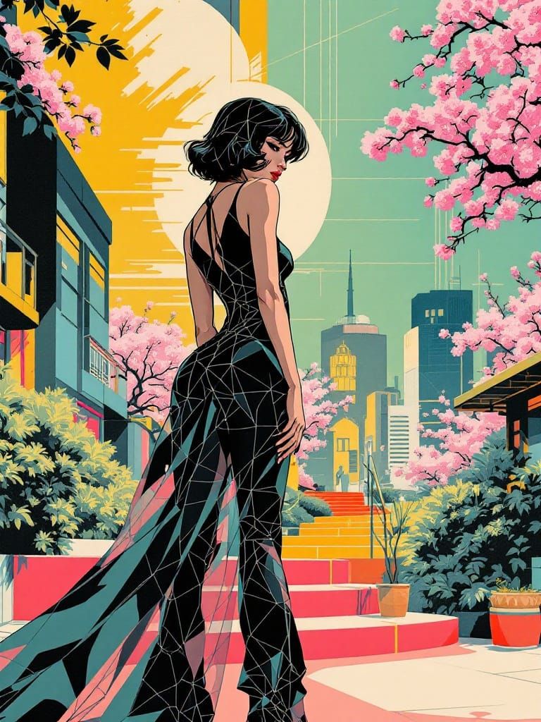 Retro-Futuristic Cityscape with Graphic Novel Aesthetic