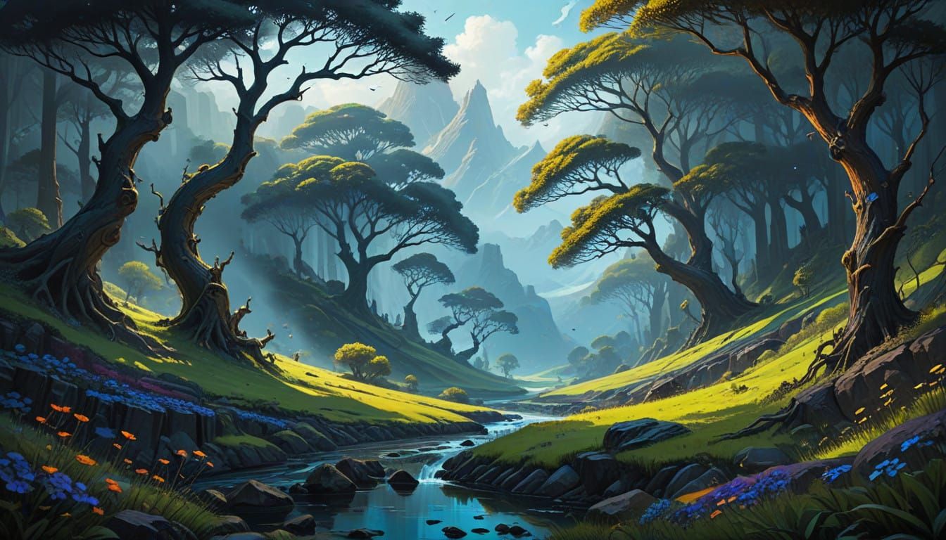 Vibrant Surreal Landscape with Twisted Trees and Impasto Tex...