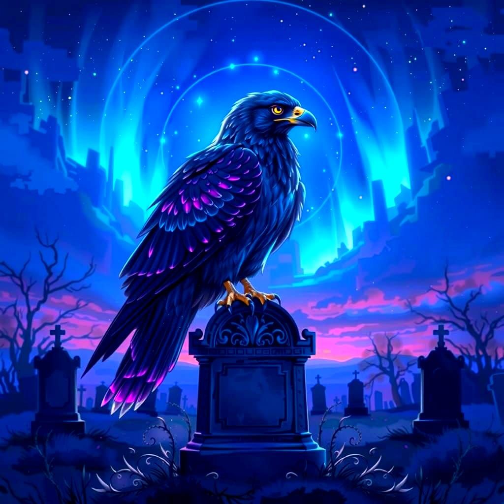 Cosmic Hawk Perched in Graveyard as Holographic Illustration