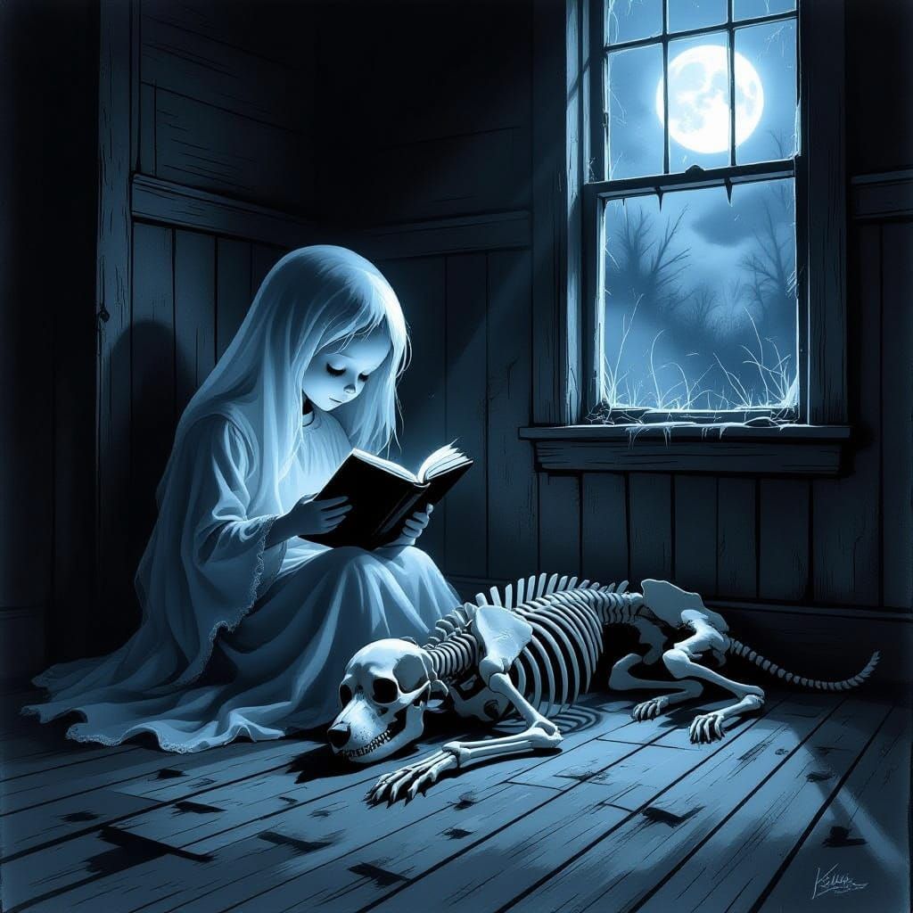 Creepy Ghost Girl Reads Book Beside Dog Skeleton