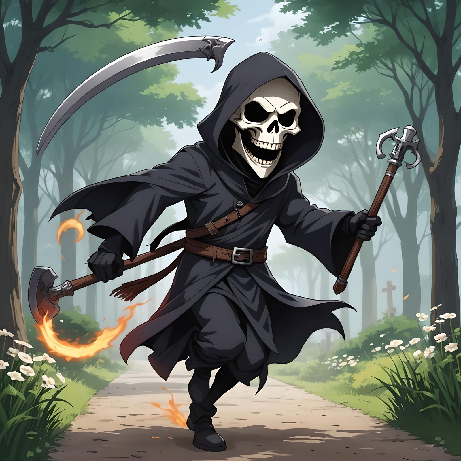 Cute Grim Reaper Running: Anime Style Art