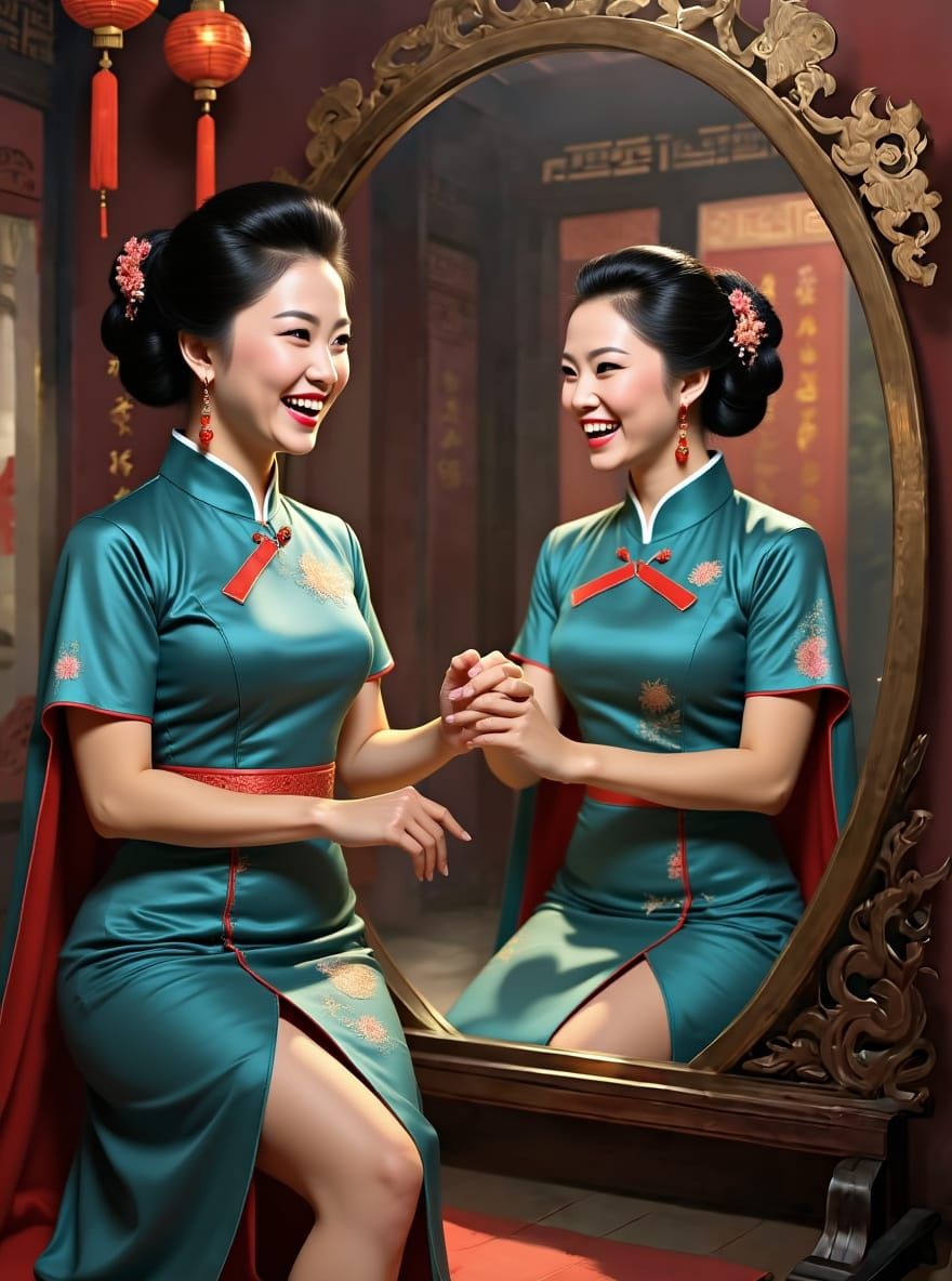 Vintage Shanghai Pinup: Woman and Mirror Reflection