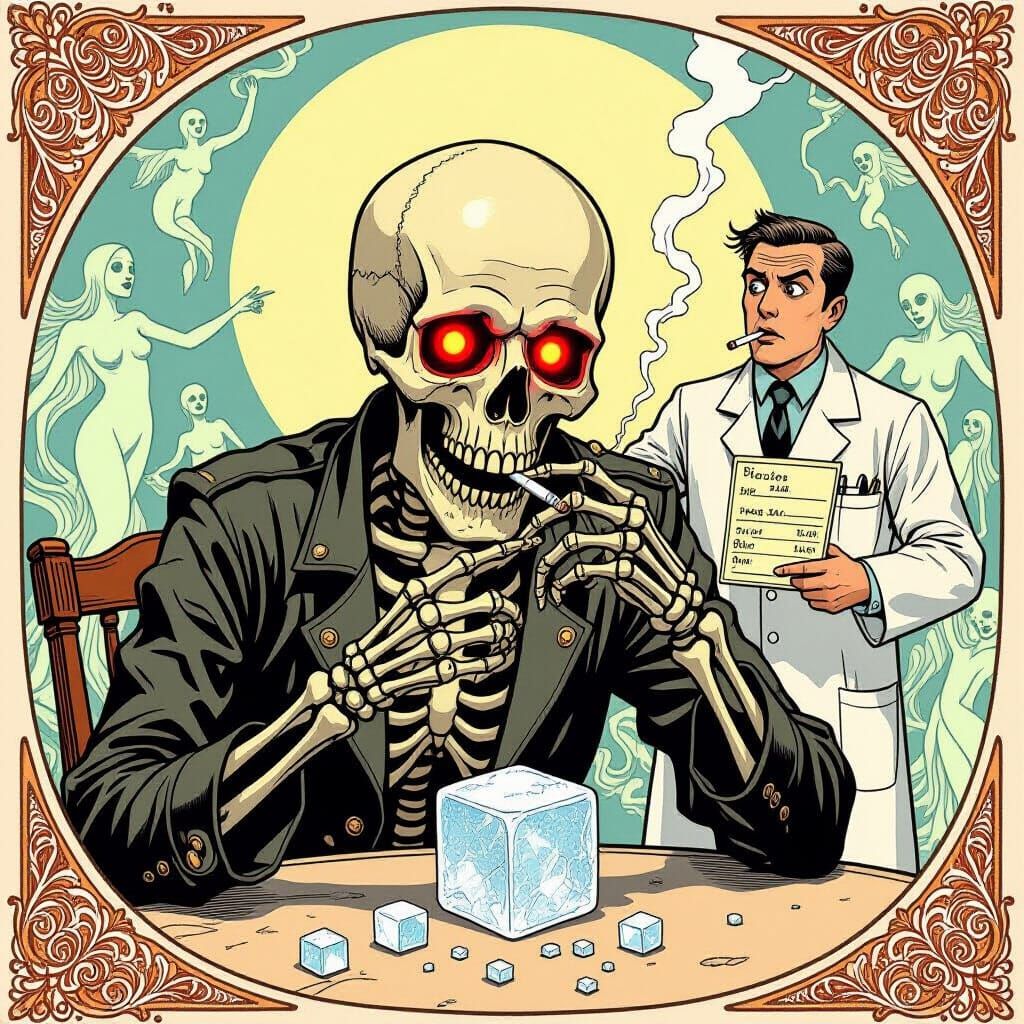 Art Nouveau Comic: Man Eating Sugar While Smoking