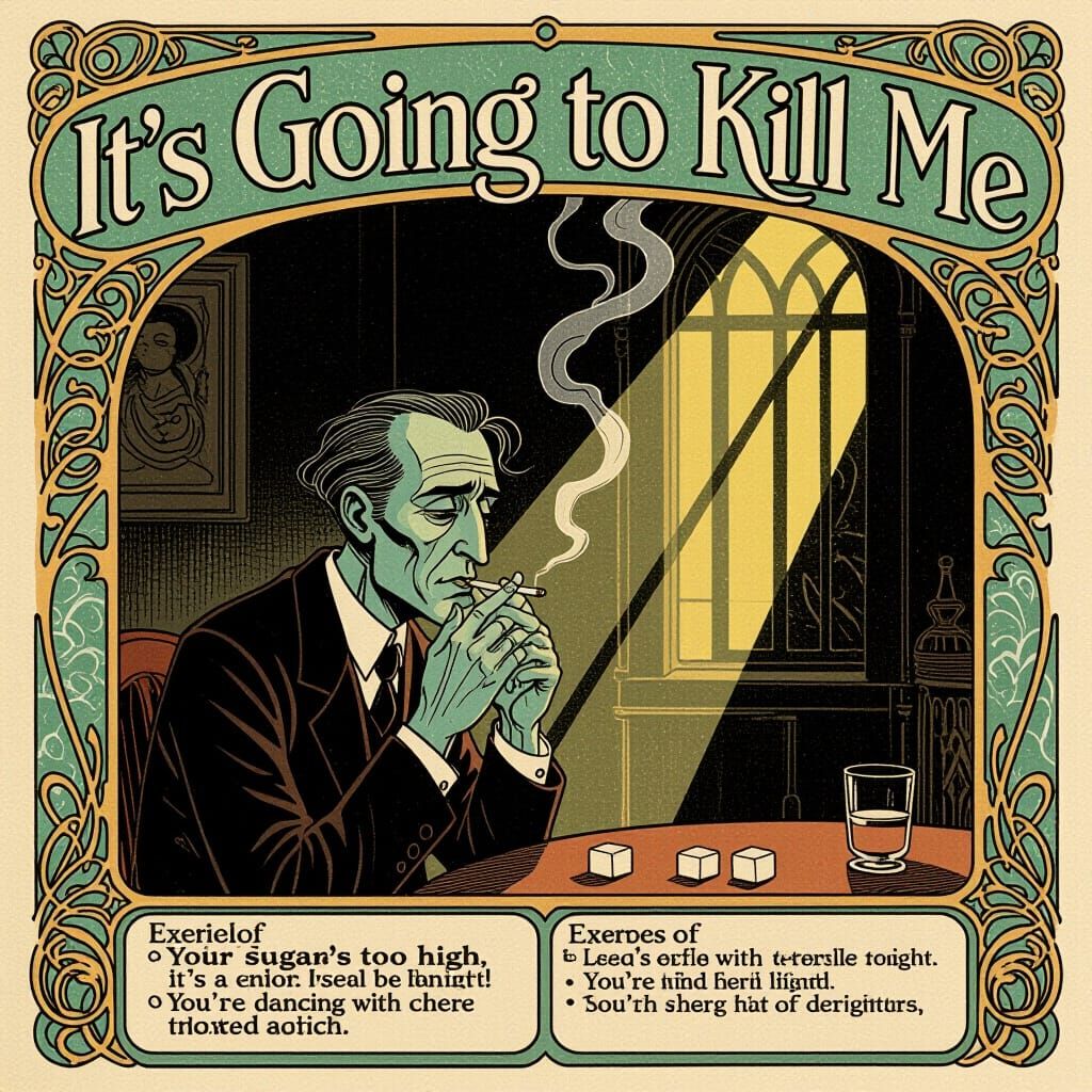 Art Nouveau Comic Panel: Man Smoking and Eating Sugar