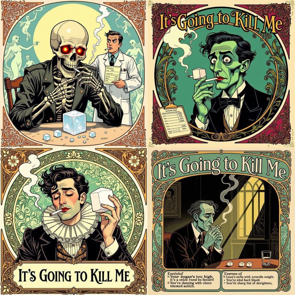 Art Nouveau Comic: Man Overwhelmed by Sugar Cravings