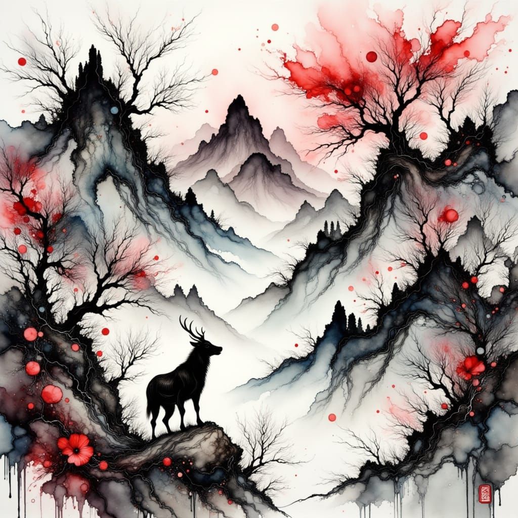 Dramatic Ink Wash Landscape with Jagged Mountains and Silhou...