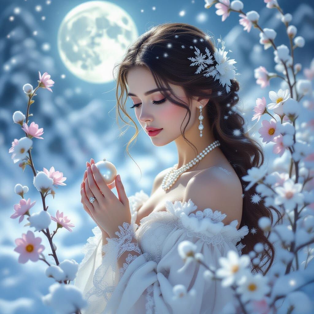 Ethereal Woman in Moonlit Winter Garden