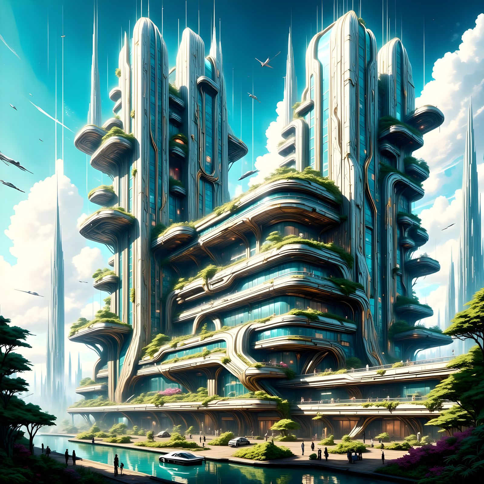 Sleek Futuristic Office Building with Flying Car Landing Pad...