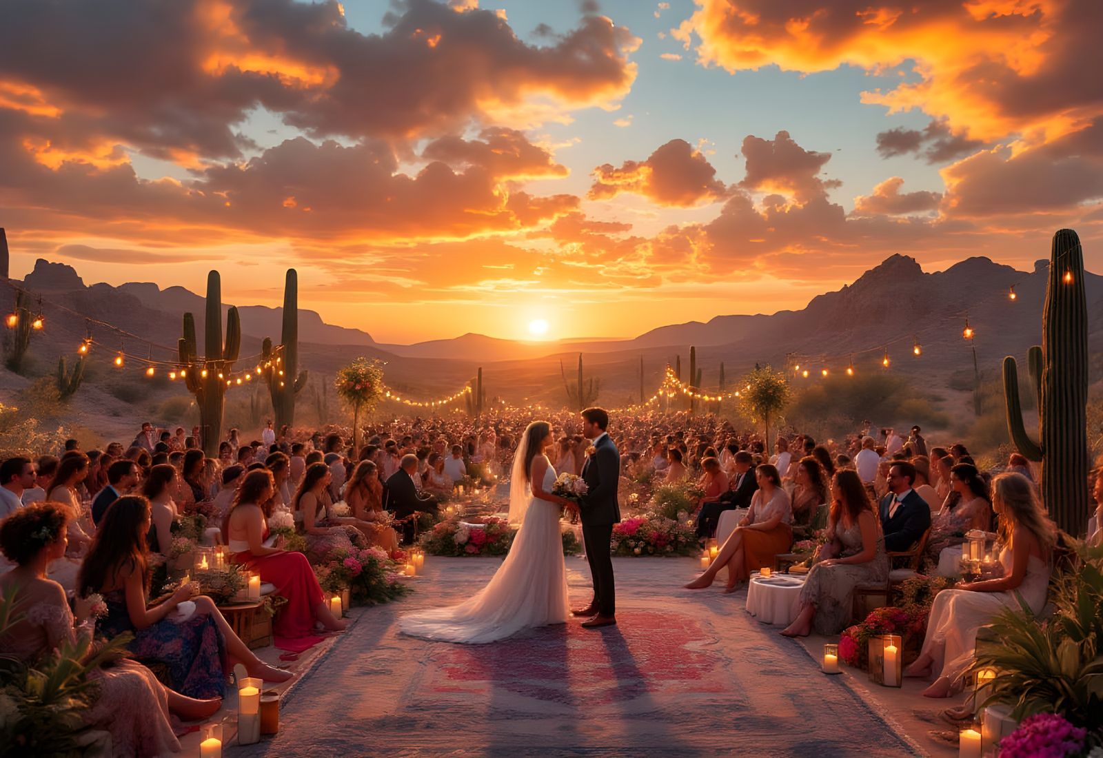 Photorealistic picture of a wedding. A sprawling desert landscape, painted with sunset hues. Hundreds of guests in flowi...