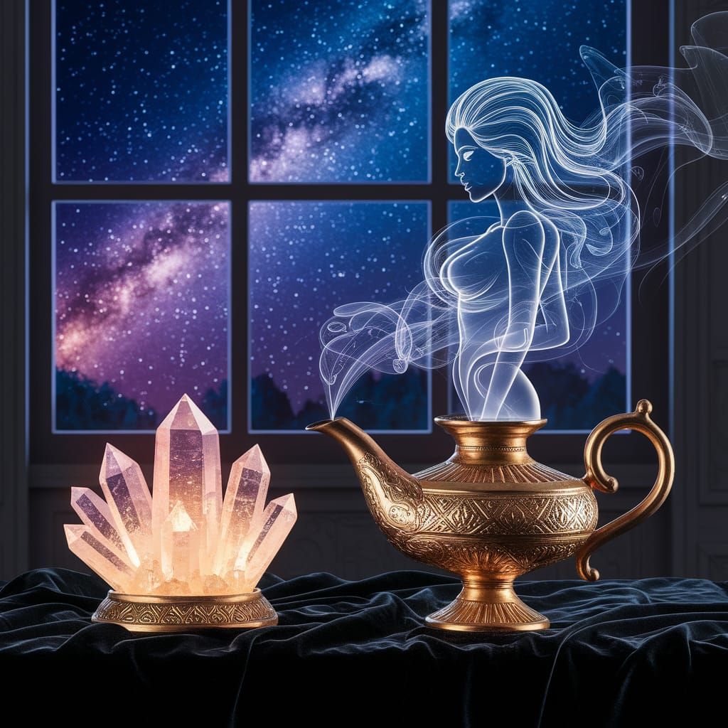 Crystal and magic lamp with genie