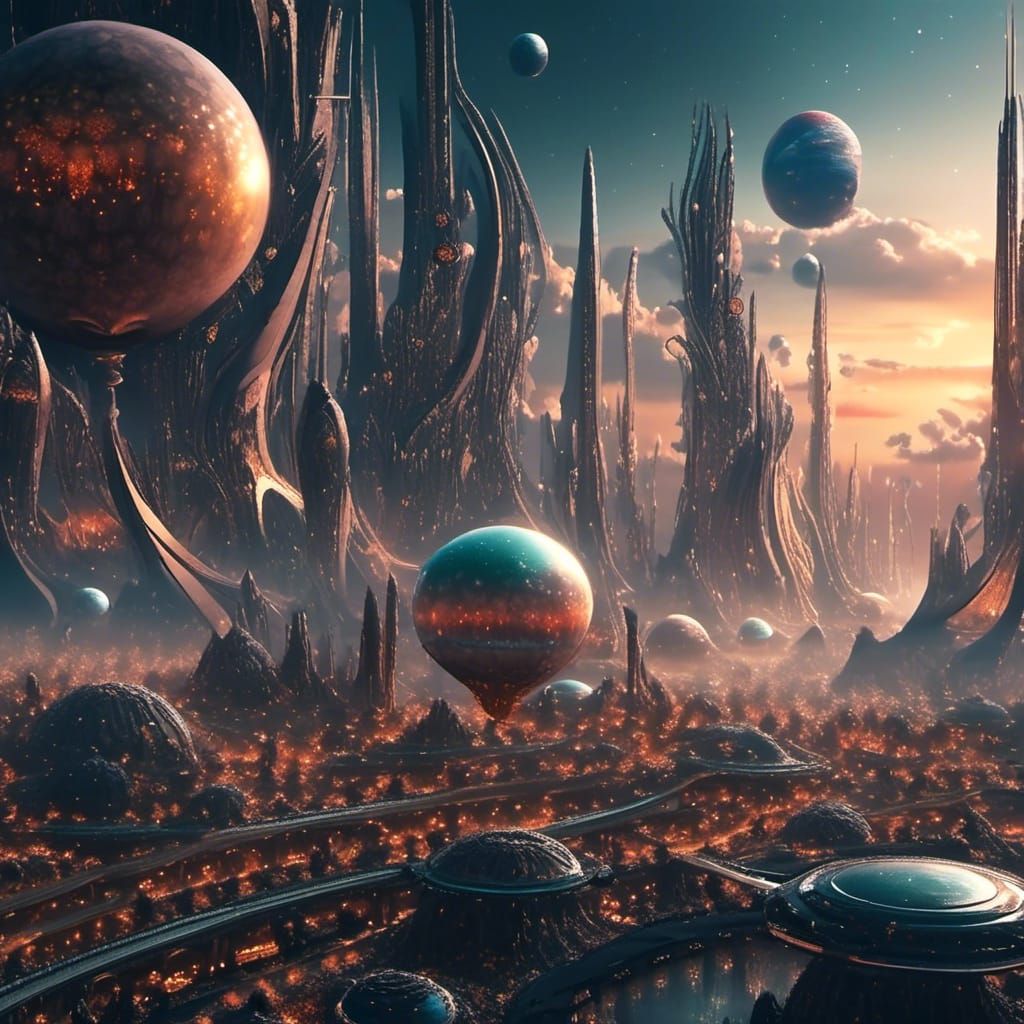 Futuristic City Nights with Planets: Digital Painting